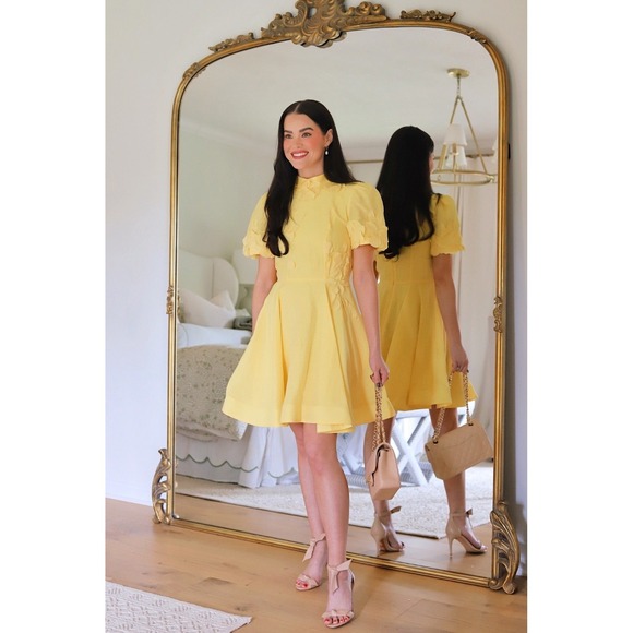 Antonio Melani Women's Size 12 Yellow Floral Appliqué Iris Linen Mini Dress - Picture 12 of 12